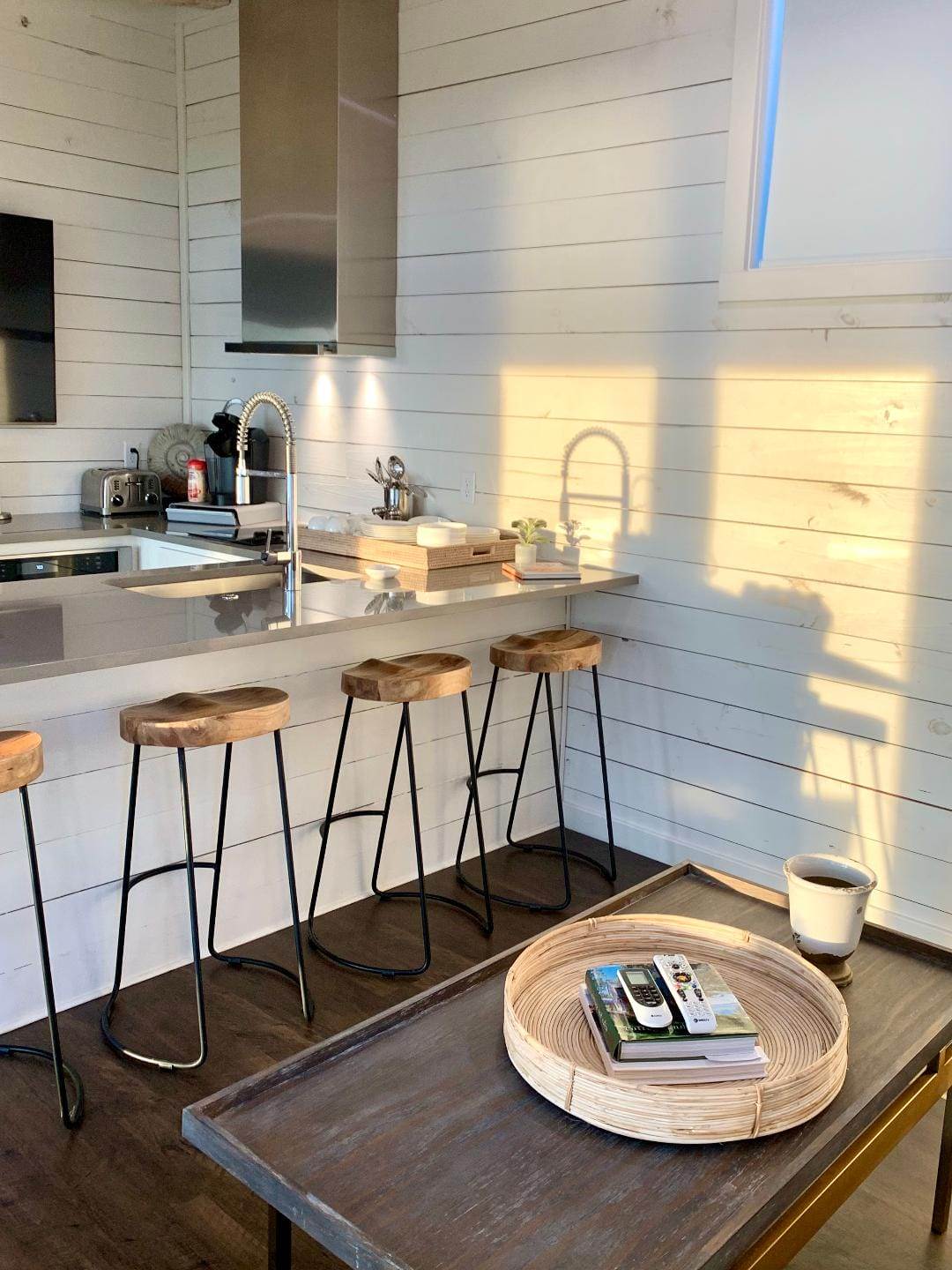 kitchen and bar area in camp house at long cove