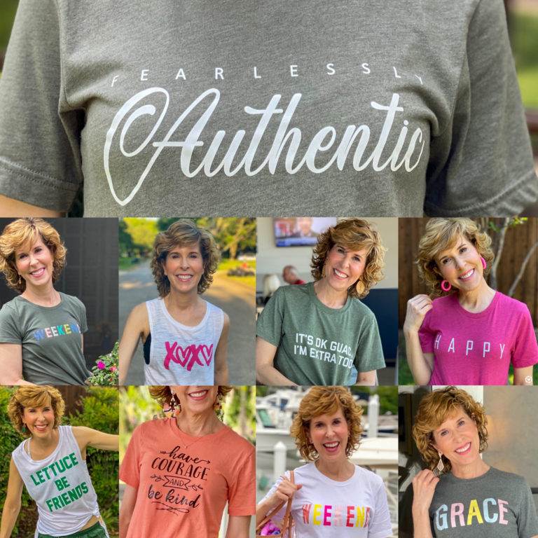 collage of woman wearing graphic tees