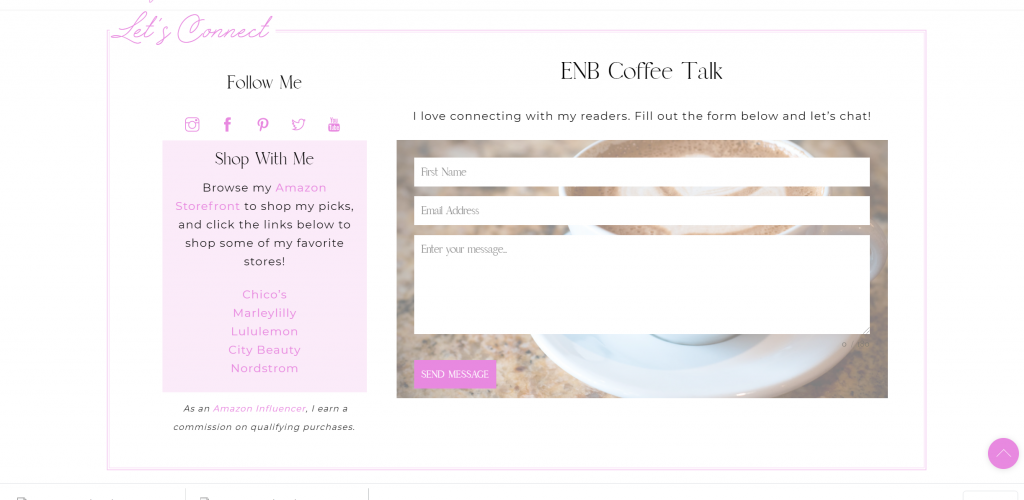 screenshot of empty nest blessed new website let's connect section