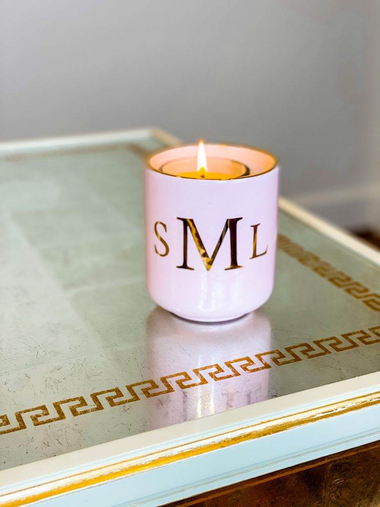 pink monogrammed candle