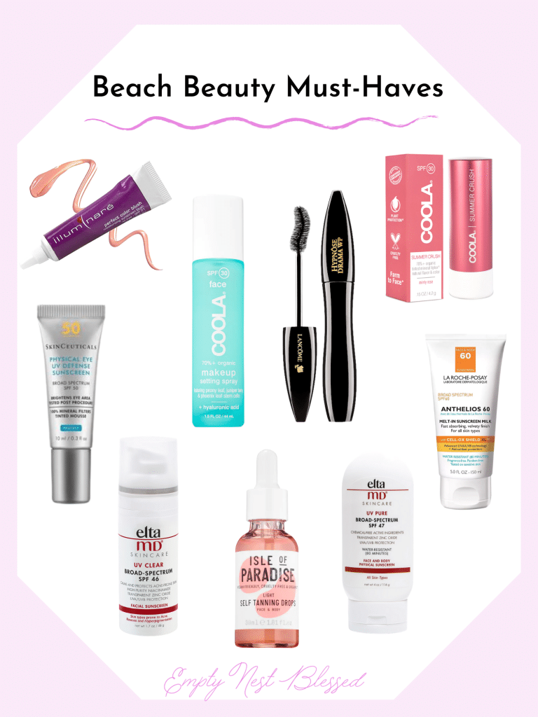 collage of beach beauty must have products