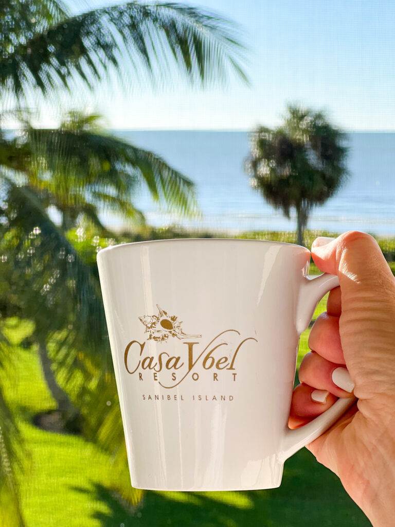 casa ybel mug and beach through lanai screen