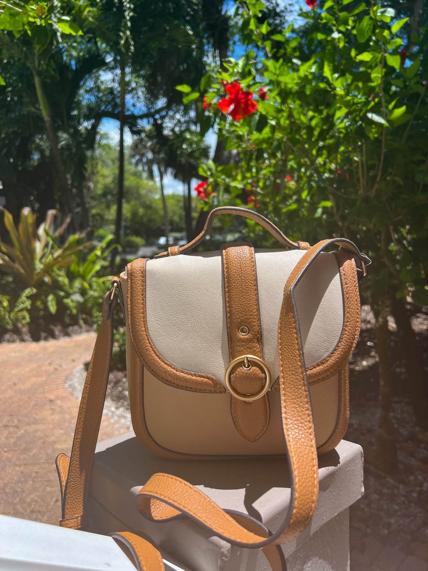 Time and Tru Women's Dana Flap Top Handle Crossbody handbag from walmart sitting on a ledge with red flowers behind it