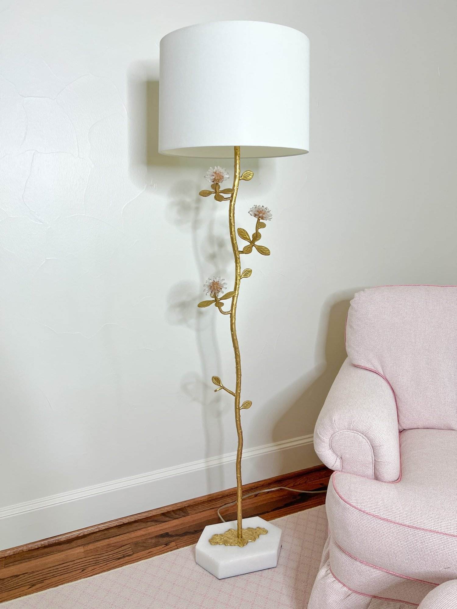 John-Richard Collection Quartz Bloom Floor Lamp in home office sitting next to pale pink club chair