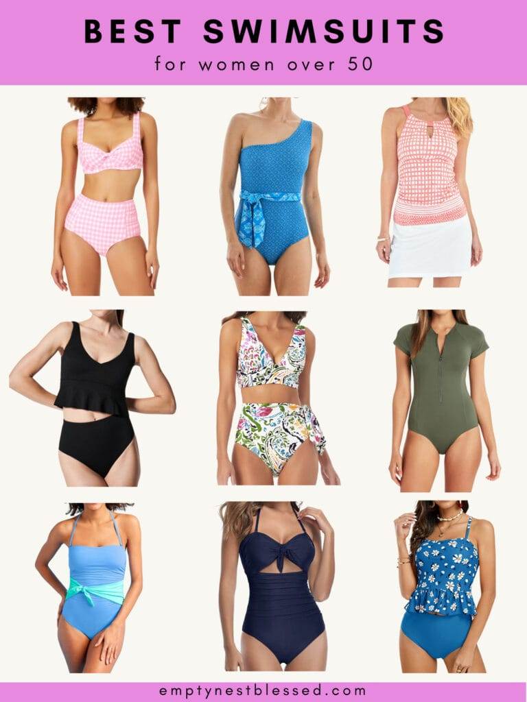 Collage of swimsuits for women over 50