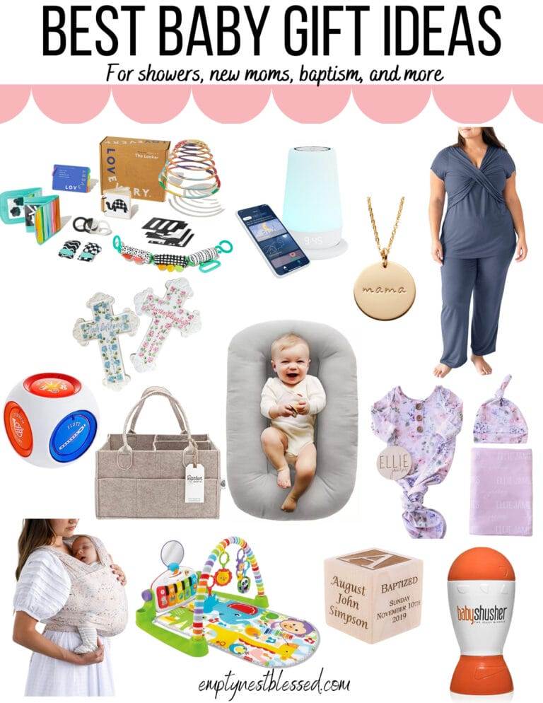 collage of best baby gift ideas for showers, new moms, baptism, and more