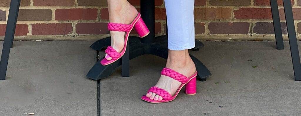 picture of hot pink slide on block heel sandals