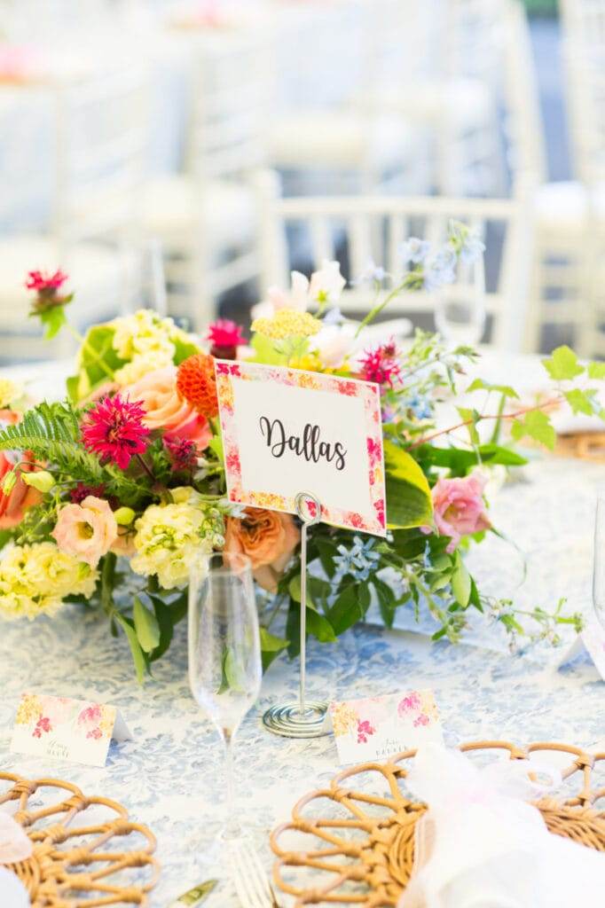 table name and flowers at a garden party