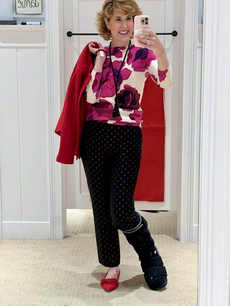 woman taking a selfie wearing talbots cashmere floral sweater