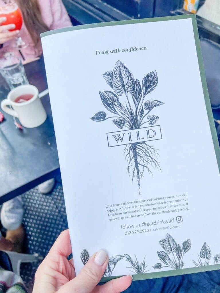 menu from wild GF restaurant in nyc