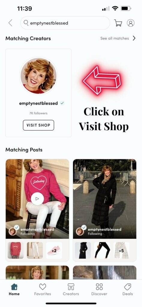 screenshot on how to visit shop on LTK app