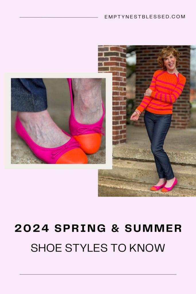 Pinterest pin of woman standing on stairs in a orange with hot pink stripe sweater and dark denim jeans with orange and pink cap toe ballet flats