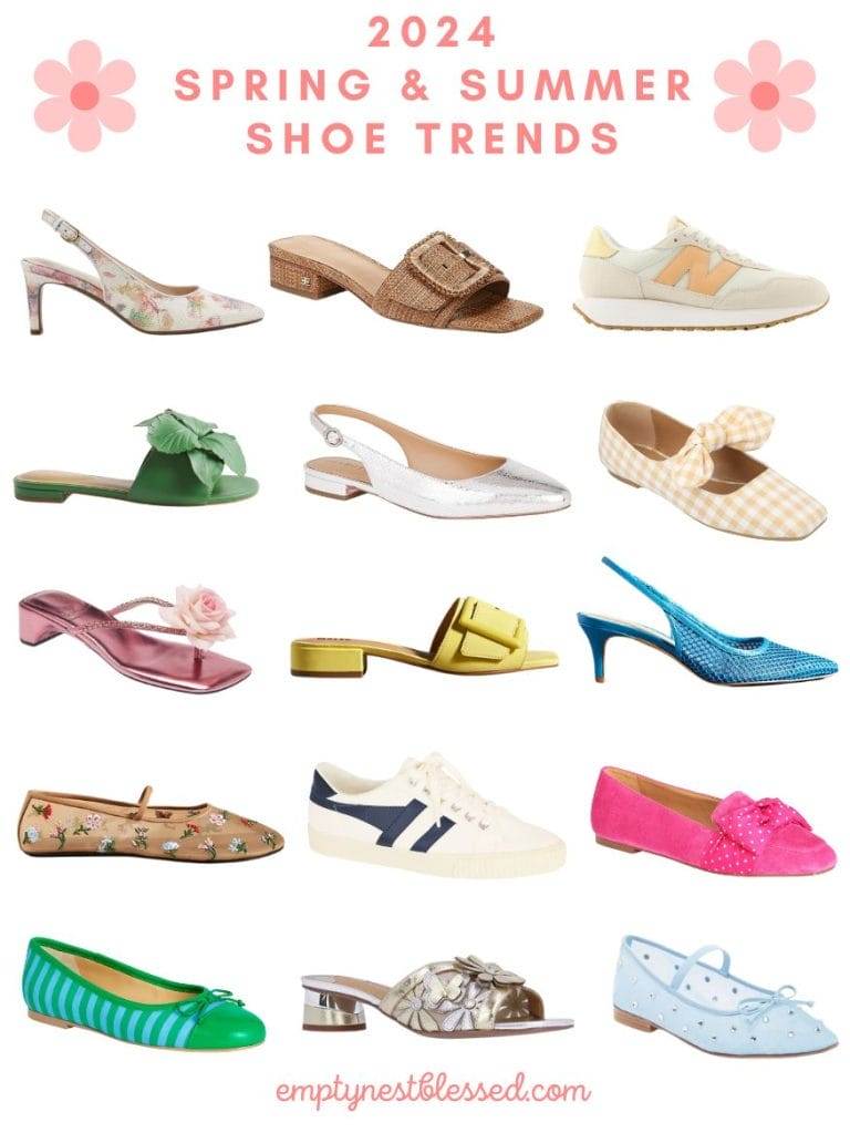 Collage of 2024 spring and summer shoe trends. slingbacks, slides, buckle details, bow details, mesh, retro sneakers and low profile sneakers