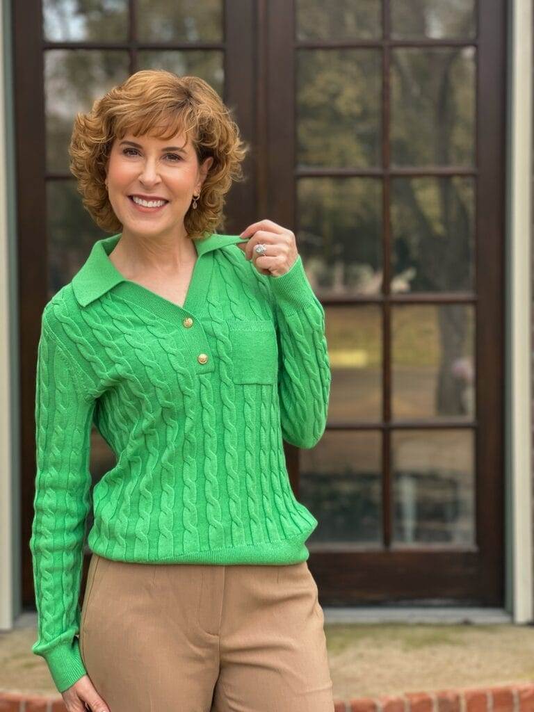 woman over 50 wearing green talbots johnny collar sweater