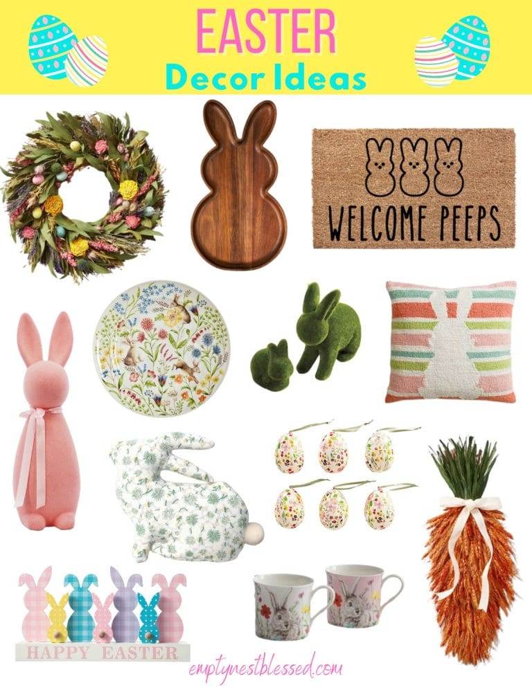 Collage of easter home decor ideas such as a wooden bunny tray, doormat, bunny pillows and plates