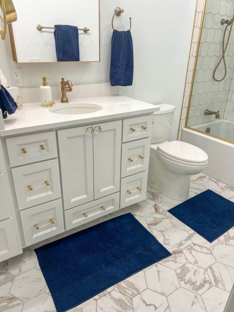 side view of finished bathroom in waco loft after remodel