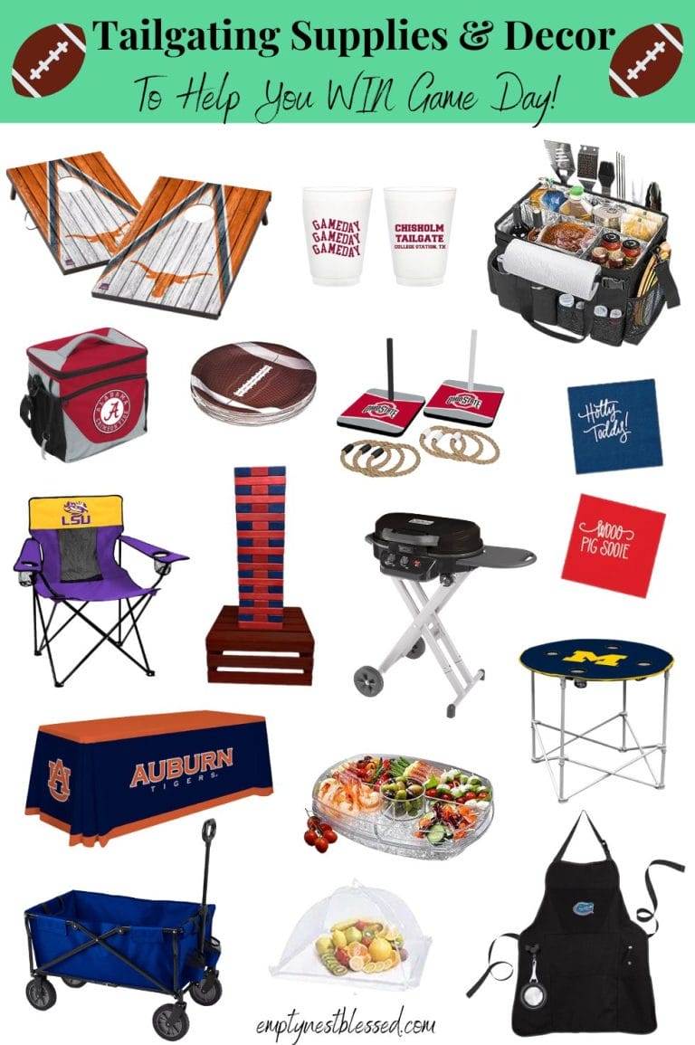 Collage of Game Day tailgating supplies and decor