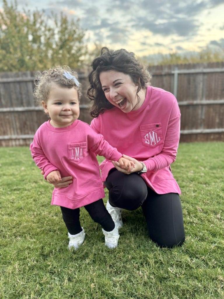 baby and mom wearing pink personalized gifts matching sweatshirts from marleylilly