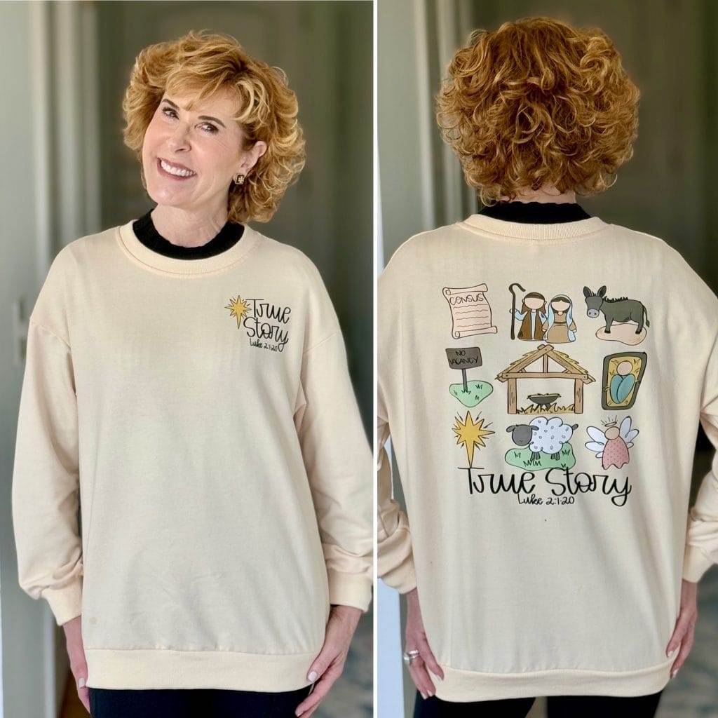 faith based amazon sweatshirt front and back on woman over 50