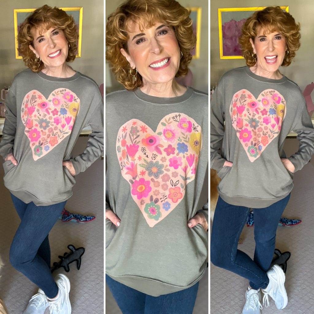 woman wearing natural life heart pocket sweatshirt in 3 photos