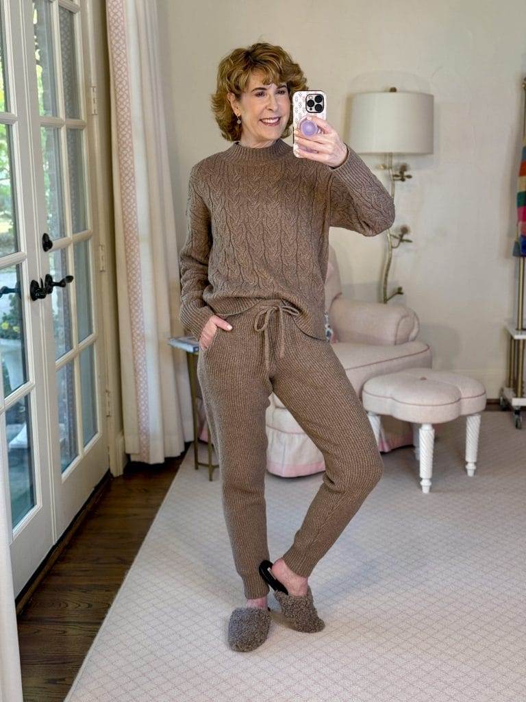 woman wearing brown loungewear set and matching slippers