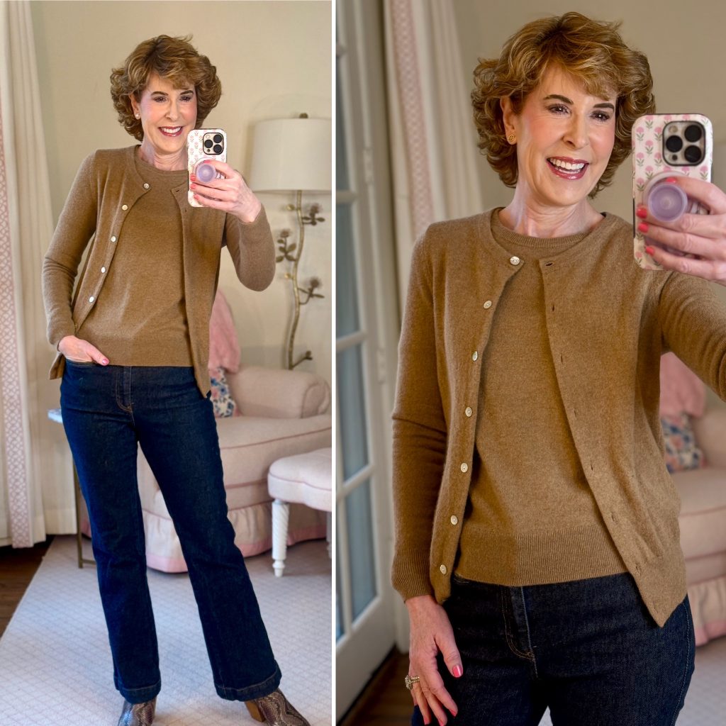 woman taking a selfie wearing a mocha mousse twin set and jeans